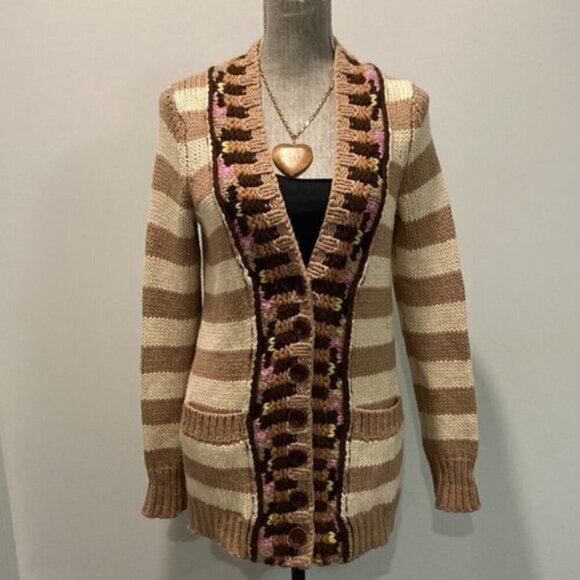 Anthropologie Cardigan with Stripes & Crochet Details Size Small Beige/Tan - Picture 10 of 14